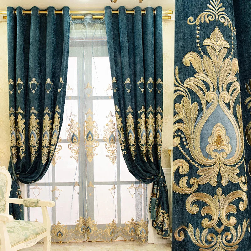 Luxury European Villa Embroidery Applique Sheer Blackout Chenille Curtains Elegant Living Room Window Valances for Bedroom