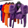 Fur Leather Jacket Ladies Genuine Leather Jacket With Fur Sleeve Decorate