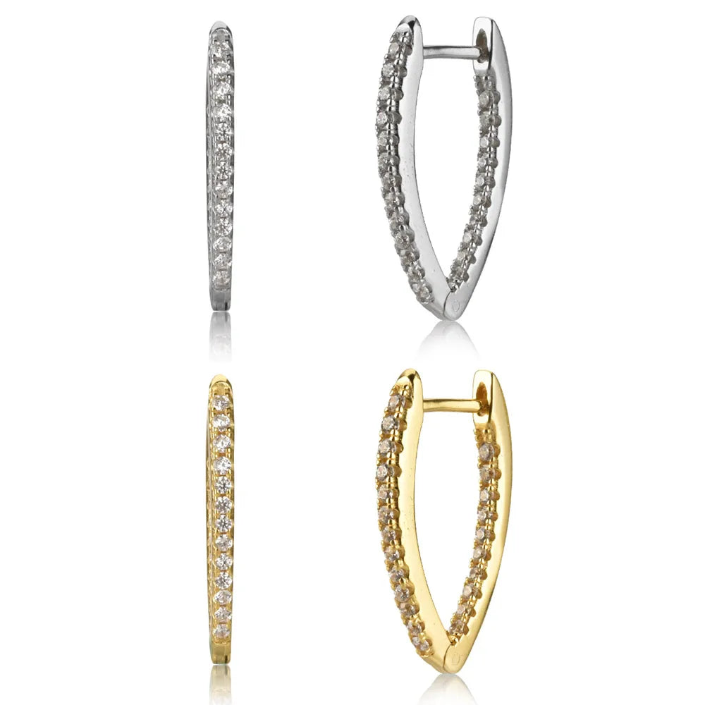 FUAMAY S925 20gx8mm Hinged Segment V Hoop Earrings Geometric Oval Pave with Zircon Gold Plated for Weddings