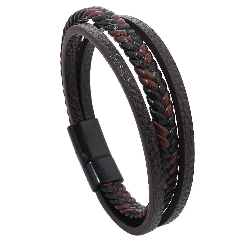 Wholesale Men's Multilayer Woven Leather Bracelet Fashionable Magnetic Buckle Bangle for Men