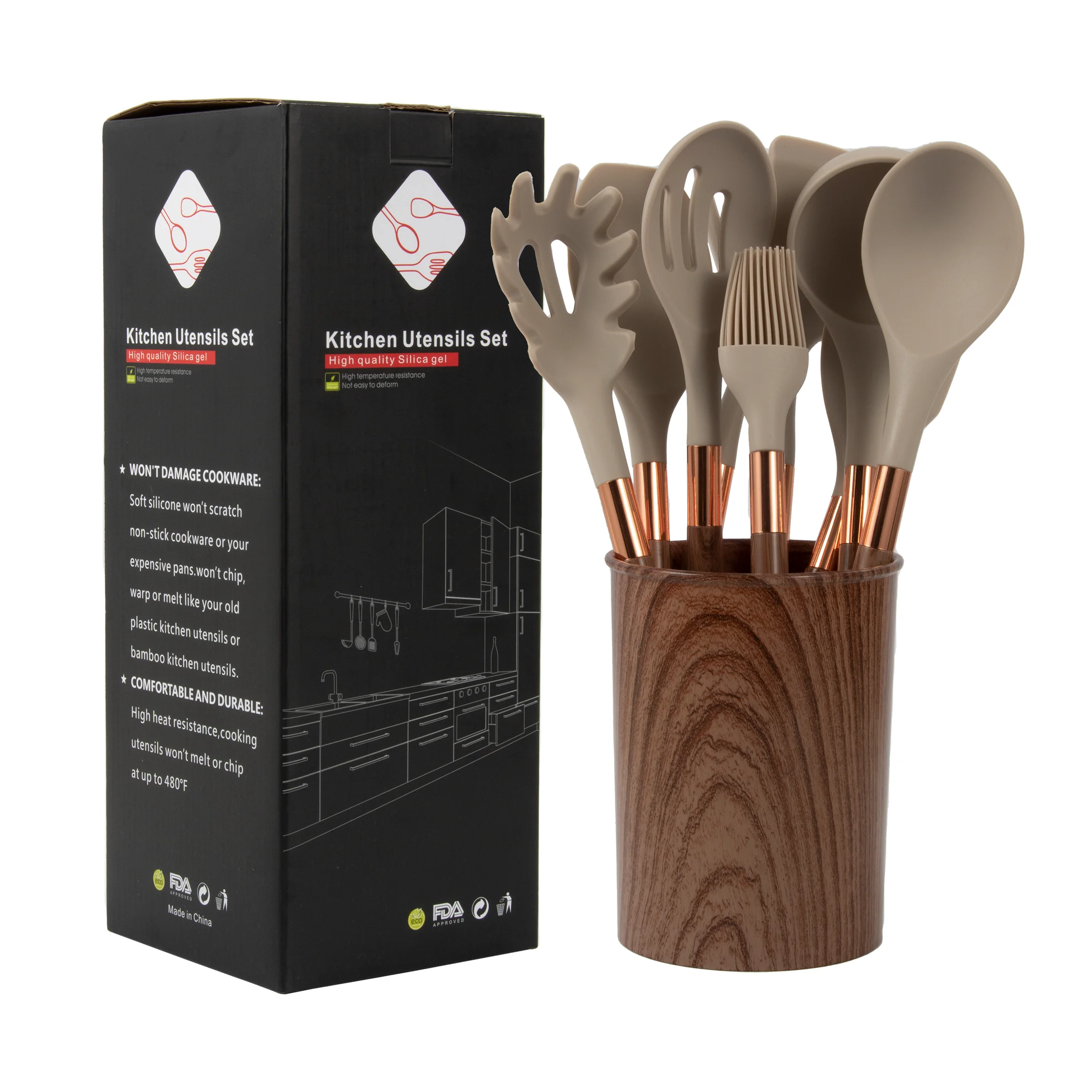 Hehui 10Pcs Kitchen Utensil Set Silicone Baking Accessories with Wooden Handle Model GG-64