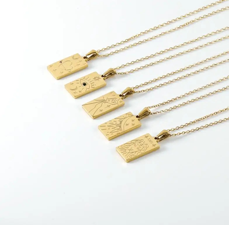 Non Tarnish Stainless Steel Jewelry 12 Zodiac Signs Tarot Card Pendant Rectangle PVD Coating Medallion Zodiac Tarot Necklace
