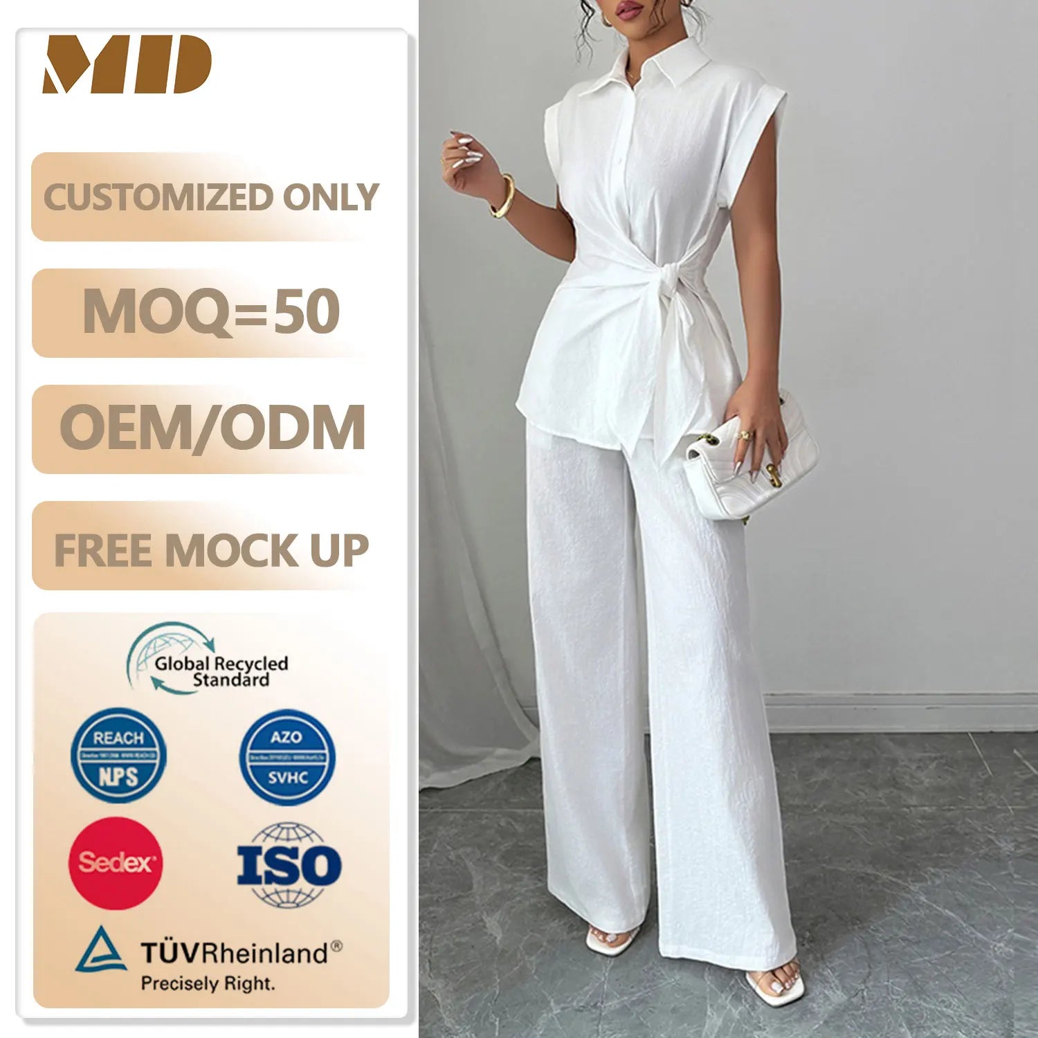 Wholesale Casual Linen Cotton Shirt Pockets Pants Solid Color Pant Set Women Linen Set