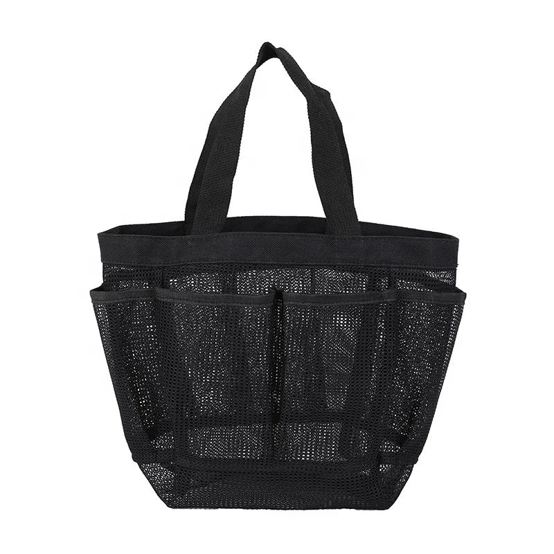 Customizable Portable Transparent Swimming Bath Storage Bag 8 Pockets Black Woman Mesh Makeup Cosmetic Tote Shower Toiletry Bag