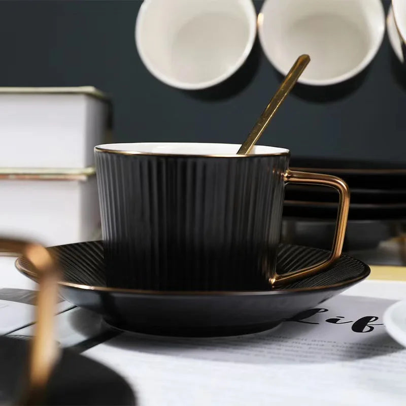 British Stylev White Black Ceramic Coffee Cup and Saucer Sets Afternoon Tea Mug Hand Painted with Golden Handle