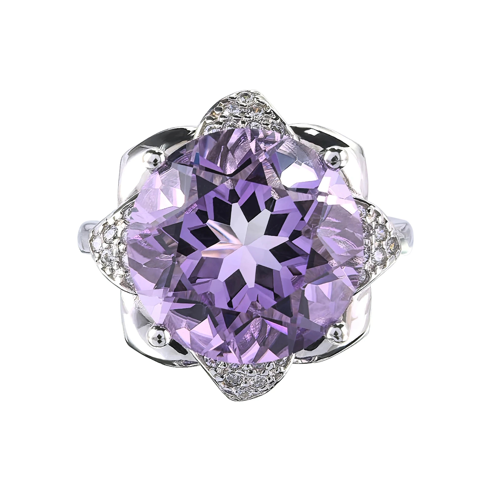 Gorgeous Rhodium Plated Silver 925 Natural Amethyst Flower Ring for Women Trendy Jewelry