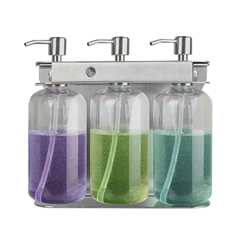 304 Stainless Steel Holder Wall Mounted Hotel Triple Liquid Lotion Soap Dispenser with Safety Lock