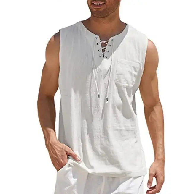 Men's Tank Top Shirt Lace up Fashion Solid Color Cotton Linen V-neck Sleeveless T-shirts