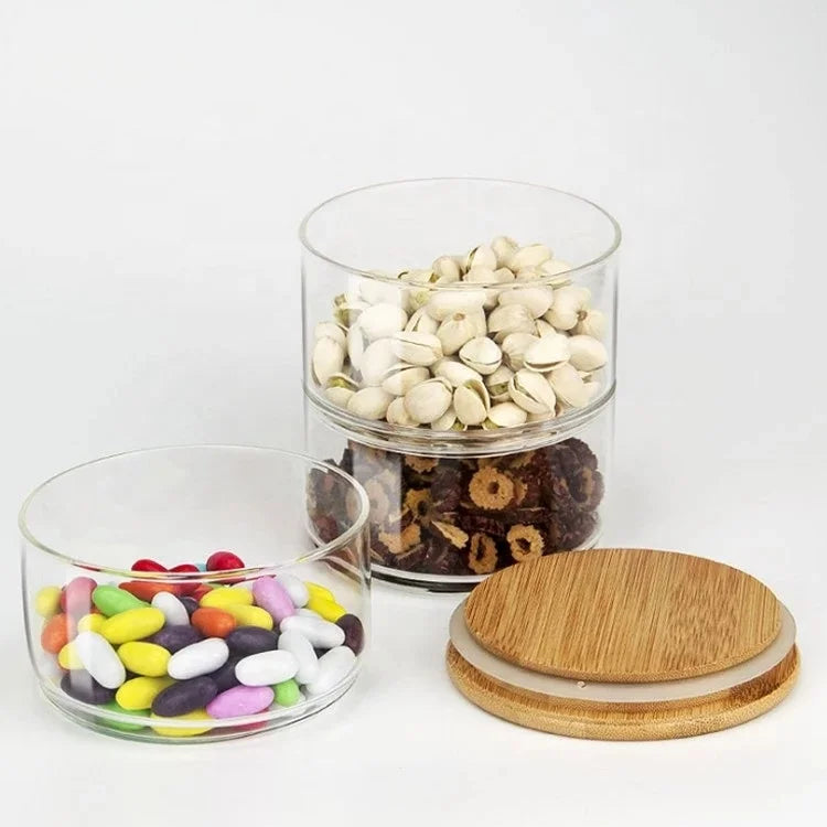 Storage Jar Mouth Blown 3 Layersn Stackable Bamboo Seal Lid Glass with Wooden Storage Bottles & Jars Kitchen Food Contained Safe