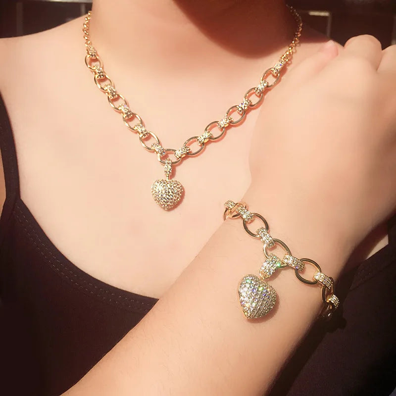 18K Gold Plated Jewelry Copper Zircon Heart Necklace And Bracelet Set