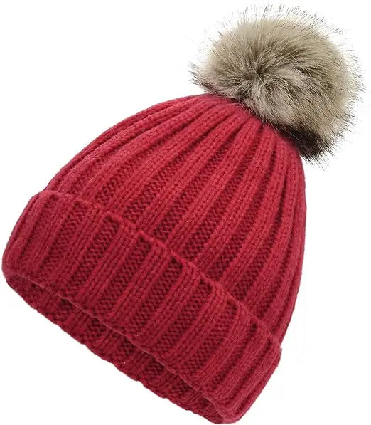 Thick Cable Knit Faux Fuzzy Fur Pom Fleece Lined Skull Cap Cuff Beanie