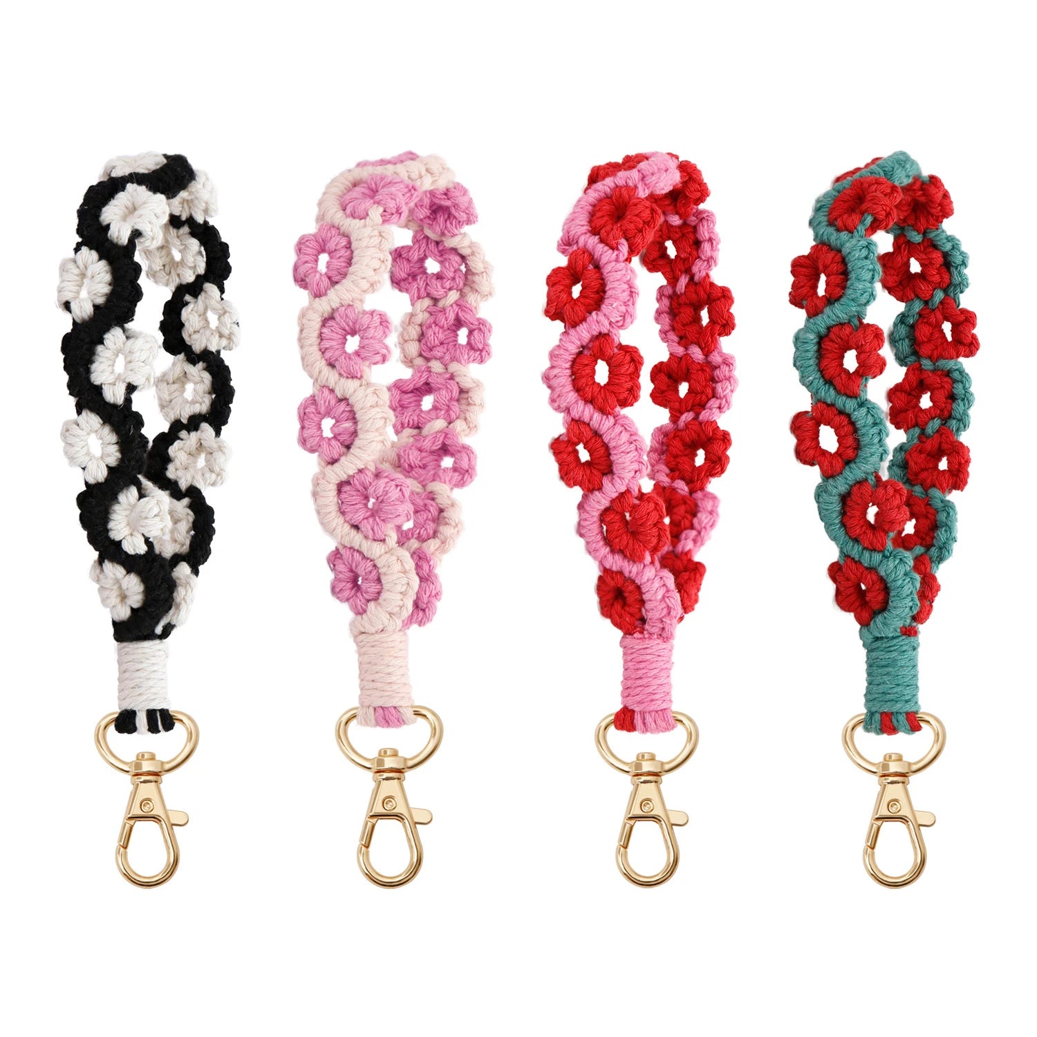 Macrame Keychain Wristlet Handmade Wrist Lanyard Weave Flower Keyring Holder Bracelet Crochet Rose Flower Keychain