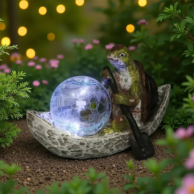 Solar-Powered Hand-painted Turtle Boat Resin Sculpture Glowing Blue Crystal Ball Outdoor Garden Decor Model Pond Patio Night