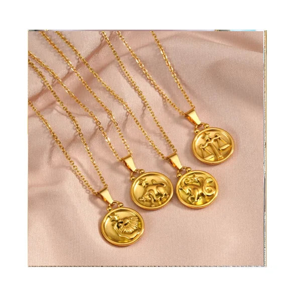 Collar De Acero Inoxidable Classic Stainless Steel 18K Gold Plated Double Size 12 Zodiac Sign Round Pendant Double Size Necklace