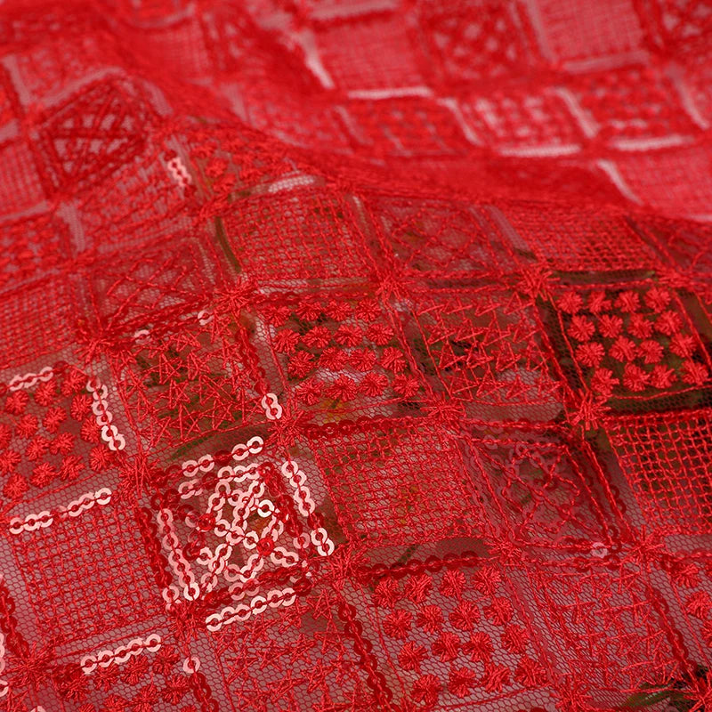 Floral 100% Polyester Embroidered Lace Fabric Red Sequins Knitted Technique Medium Weight for Bags Shoes Weddings Upholstery