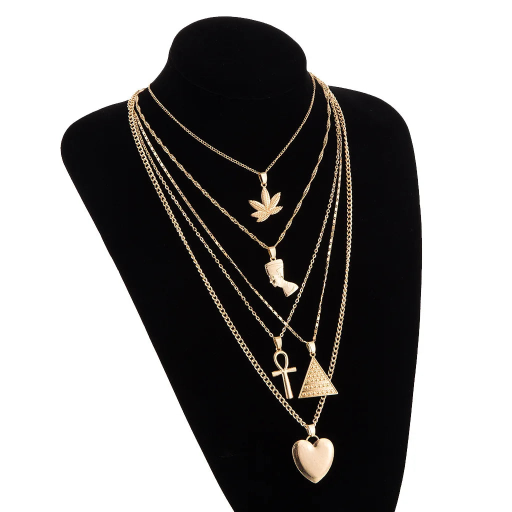 Vintage Multi-layer Maple Leaf Pendant Necklace Egyptian Style Heart Choker for Women Party Jewelry Gift