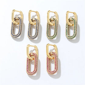Popular Gold Plated Chains Shaped Geometric Rectangle Zircon Earring Vermeil Pave CZ Double Link Oval Hoop Earring for Women