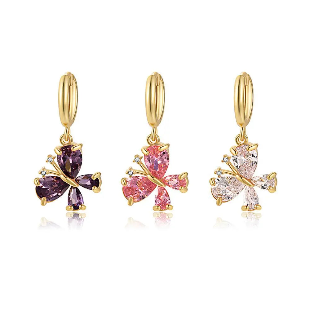 2024 Korean New Butterfly Huggie Earrings Cuff 18k Gold Color Jewelry Color Zirconium Butterfly Drop Ear Ring for Women