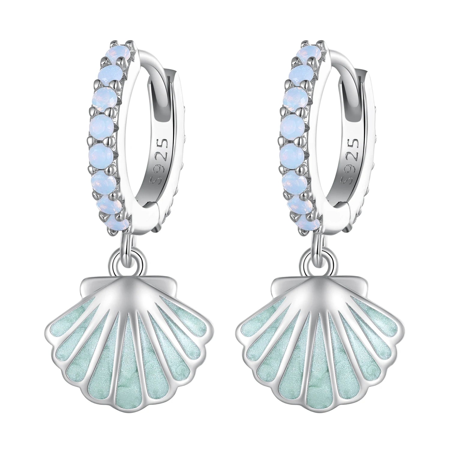925 Sterling Silver Fine Hoop Earrings Ocean Series Sea Shell Ear Buckles with Pave CZ Enamel Process Women's Jewelry BSE842