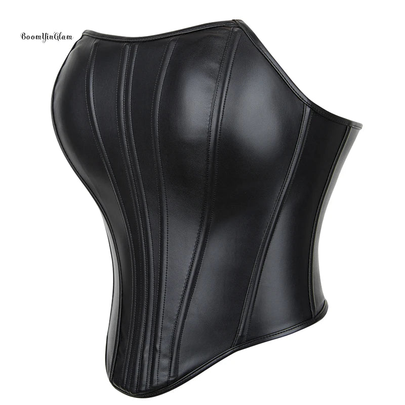 Women PU Faux Leather Tube Top Strapless Sleeveless Zip Side Bustier Corset Crop Top