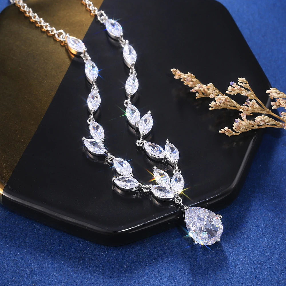 CAOSHI Delicate New Half Necklace Decorated With Leaf White Zircon Water Drop Pendant Pure Silver Pear Necklace Women Girls