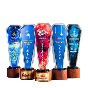 Honor of Crystal Souvenir Gift Awards Glass Trophy Custom Star Crystal Glass Trophy with Wooden Base Crystal Trophy