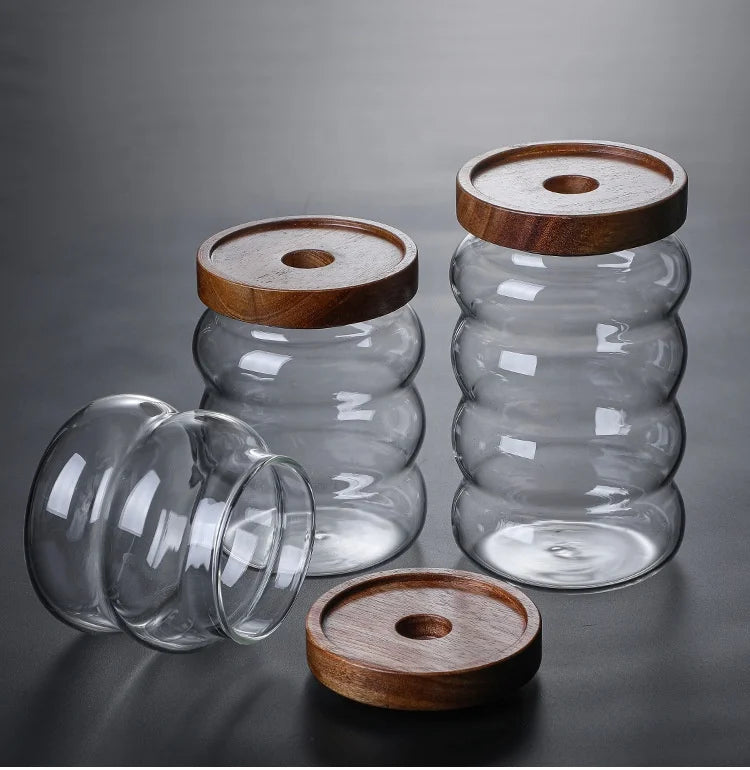 12oz 18oz 25oz Food Grade Airtight Glass Spice Jar With Wood Lid Handmade Glass Canister Jar for Kitchen
