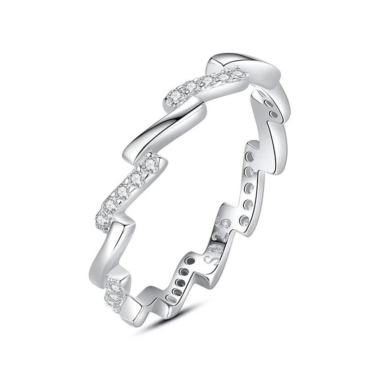 Fine 925 sterling silver wave shape women simple CZ diamond geometric stackable finger ring