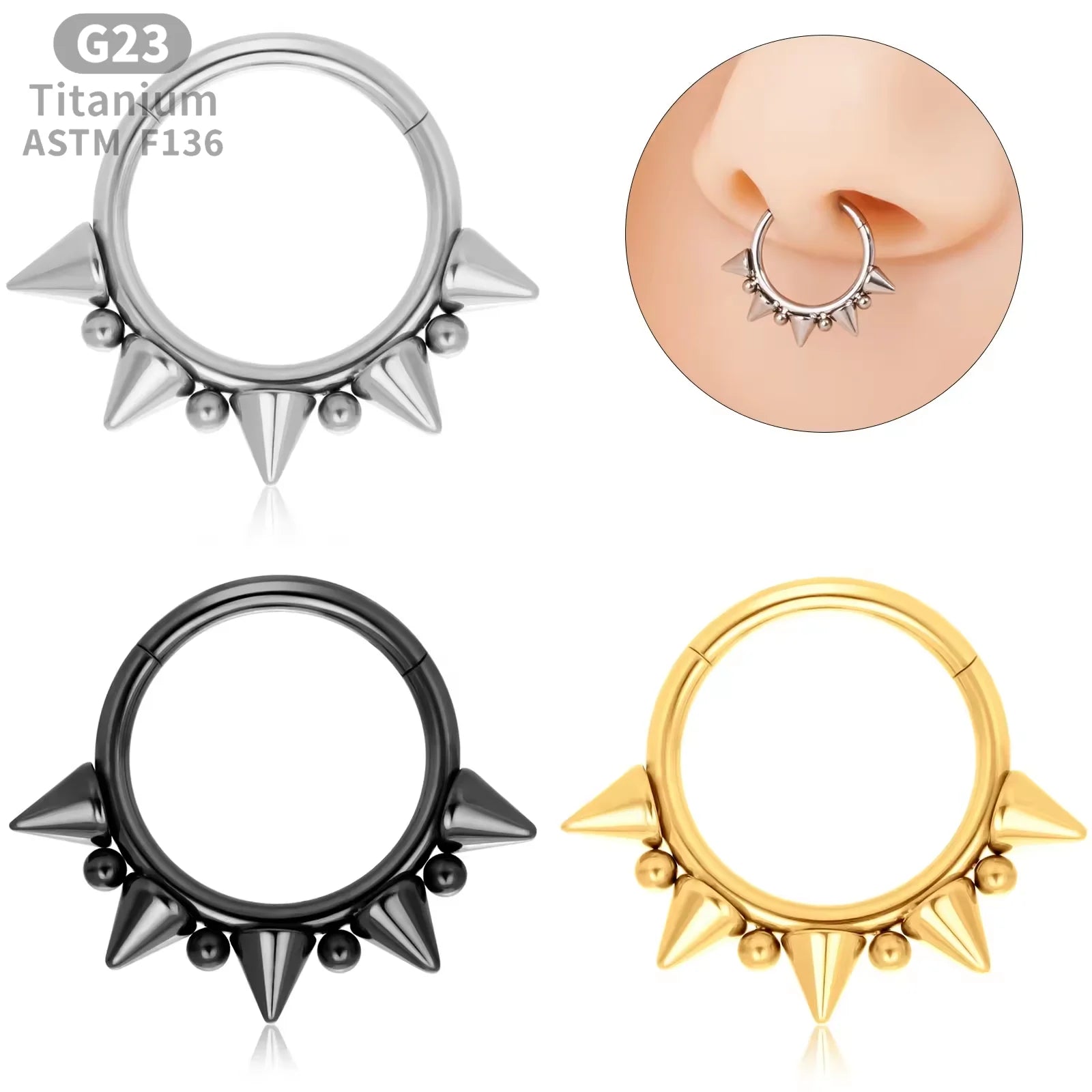 G23 Titanium 16G 3 Spikes Septum Nose Ring Hoops 16G Clicker Ring Ear Tragus Cartilage Piercing Body Jewelry
