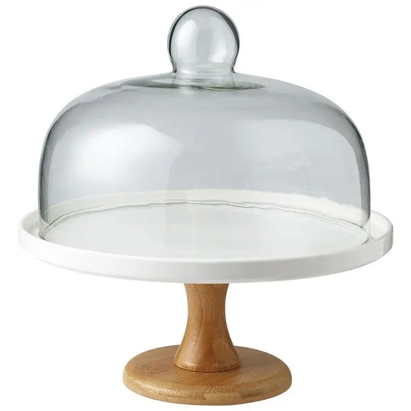 Creative Transparent Dust-proof Glass Cover  Table  with Ceramic  Tray Birthday Cake Rack