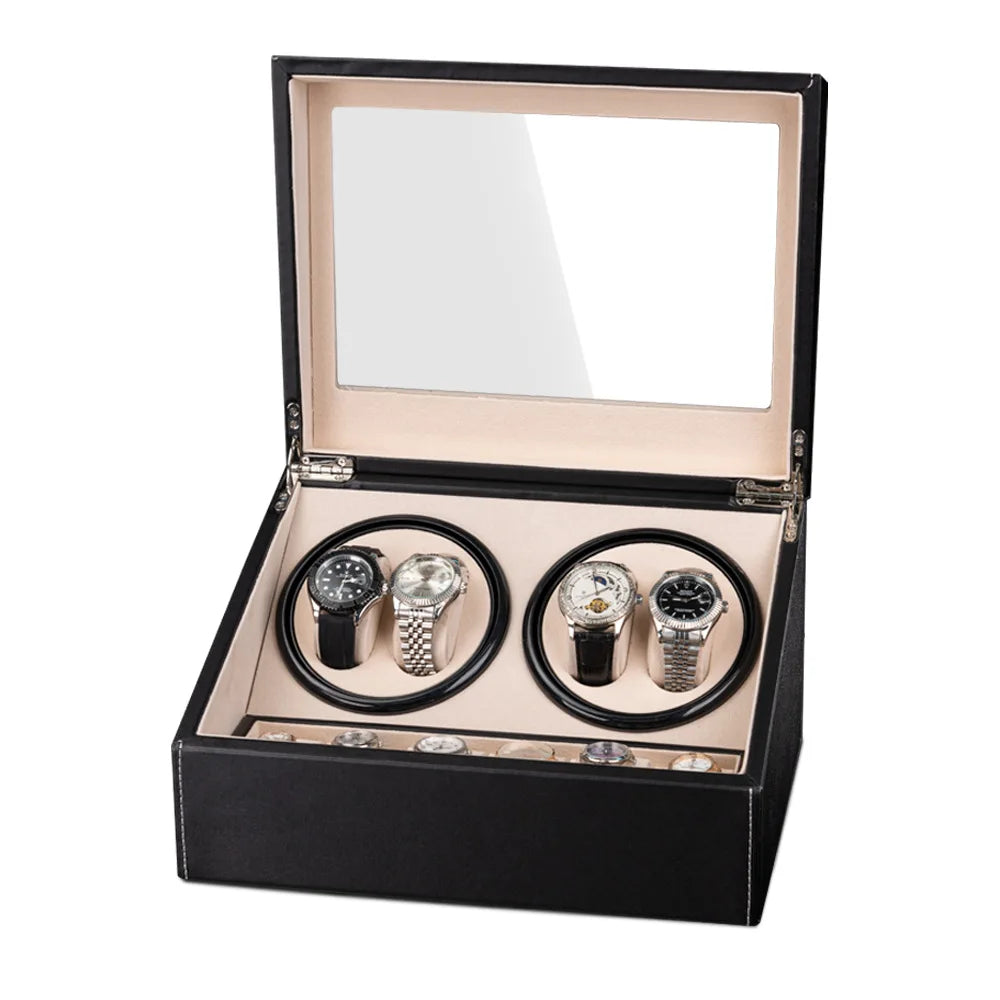 Wholesale Automatic Luxury Black Brown PU Leather Protective 4+6 Slot Watch Winder Box Faux Suede Lining for Watch Storage Case