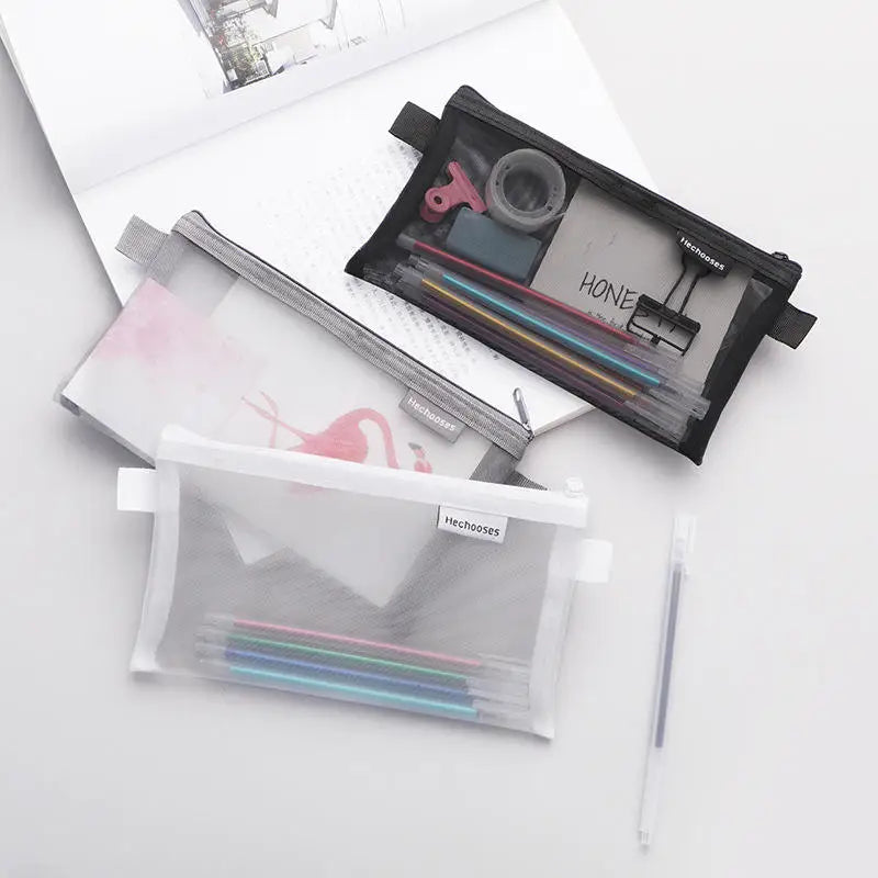 Custom Logo Creative School Office Supply Stationery Case Transparent Mesh Fabric Pouch Bag for Pen Pencil Portable Square/Oval
