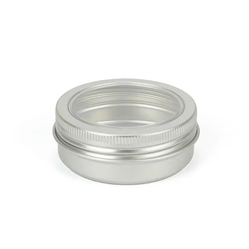 60ml 2oz 68*25 Silver Mini Aluminum Round Tin Jar with Clear Window Lid Cosmetic Metal Tin Container Empty Jar Packaging
