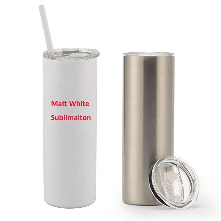 Wholesale Custom Vacuum Insulated Stainless Steel 20 oz Slim Blank Matt White Sublimation Wine Tumbler With Plastic Straw