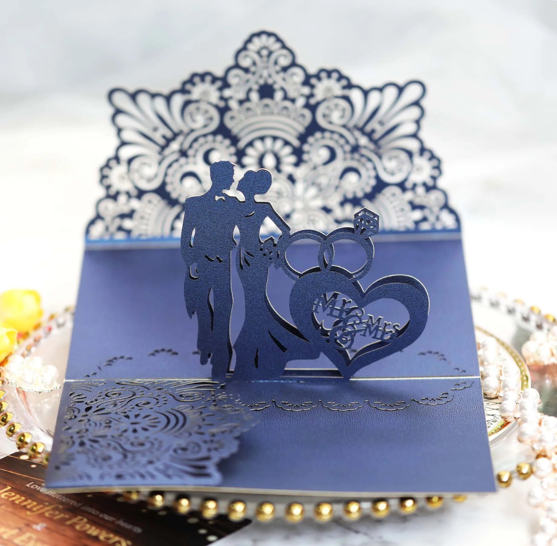Wholesale Laser Cut 3d Pop up Luxury Blue Wedding Invitation Card for Bridal Shower  Carte D'invitation Mariage