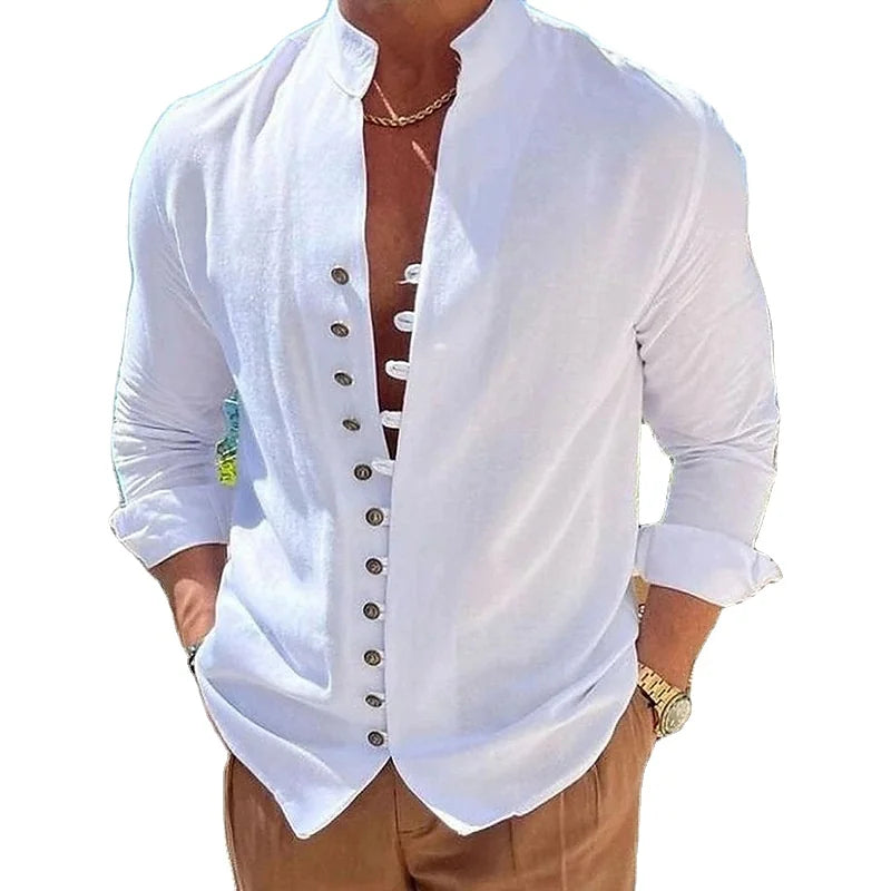 RNSHANGER Men's Cotton Blend Shirts Solid Color Long Sleeve Single-breasted Cardigan Shirts Loose Male Daily Minimalist Shirts