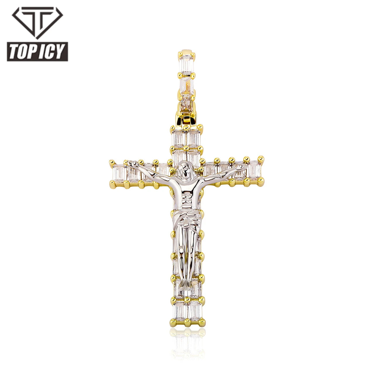 Top Icy Hip Hop Baguette Diamond  Cross Pendant with Jesus Gold Plated Iced Out Round CZ Cross Necklace for Men and Women