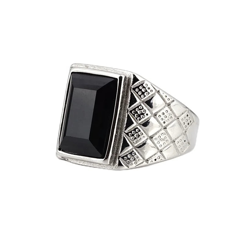 Retro Striped Gold-plated Black Gem Ring Men's Stainless Steel Personality Trend Jewelry