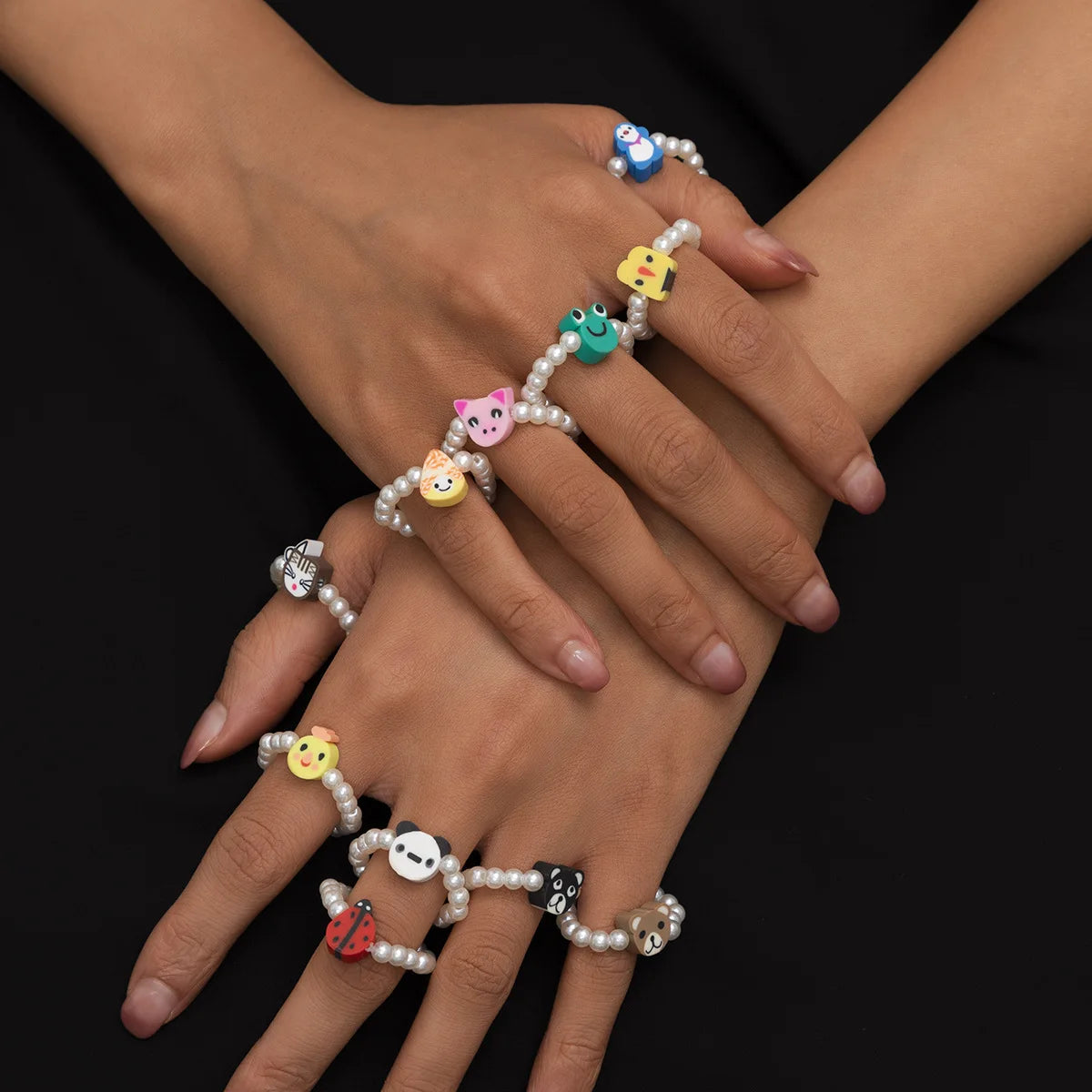 Hot Sale Imitation Pearl Beaded Rings Polymer Clay Star Animal Ladybug Frog Acrylic Finger Ring for Women Girls