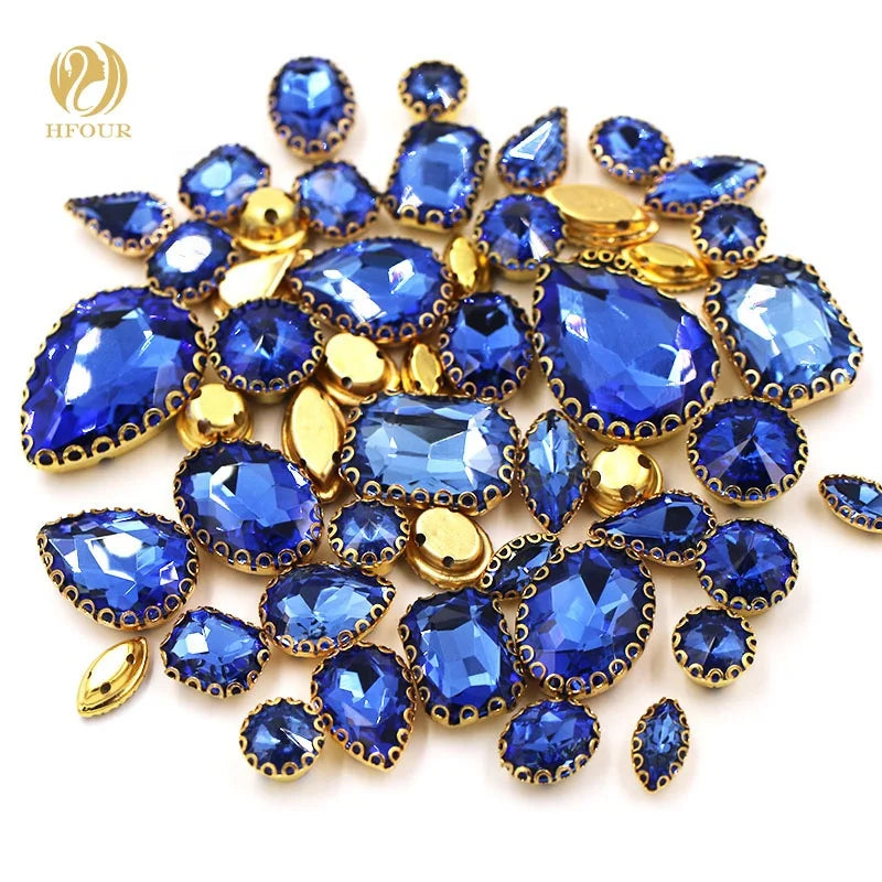 Hot Sale Popular Fashion 3D Light Blue Glass Mixed Crystal Sewing Rhinestones Golden Lace Claw for Sew-On DIY Dress 12 Facets