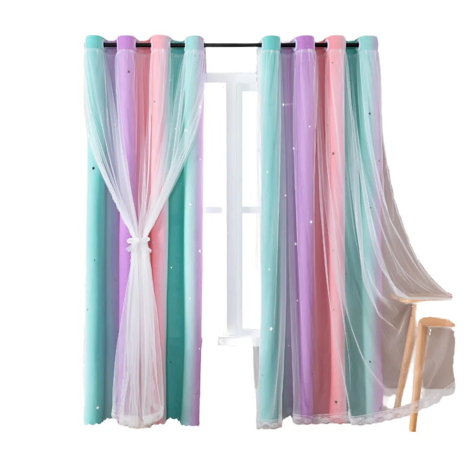 Double-Layer Hollow Star Gradient Rainbow Curtains Valances Celebrity Favorite Design for Interiors