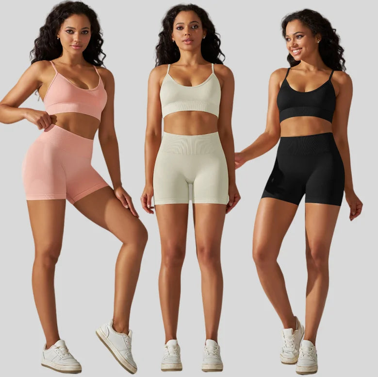 Women's Seamless High-Elastic Fitness Yoga Shorts Spandex/Nylon Quick Dry Breathable Solid Color Beauty Back Gym Sportswear Set
