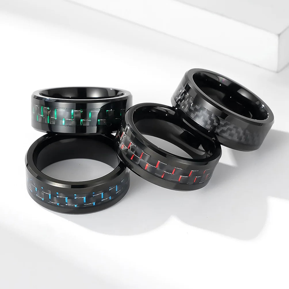 Poya Ready to Ship Blue Red Green Carbon Fiber Black Tungsten Carbide Ring