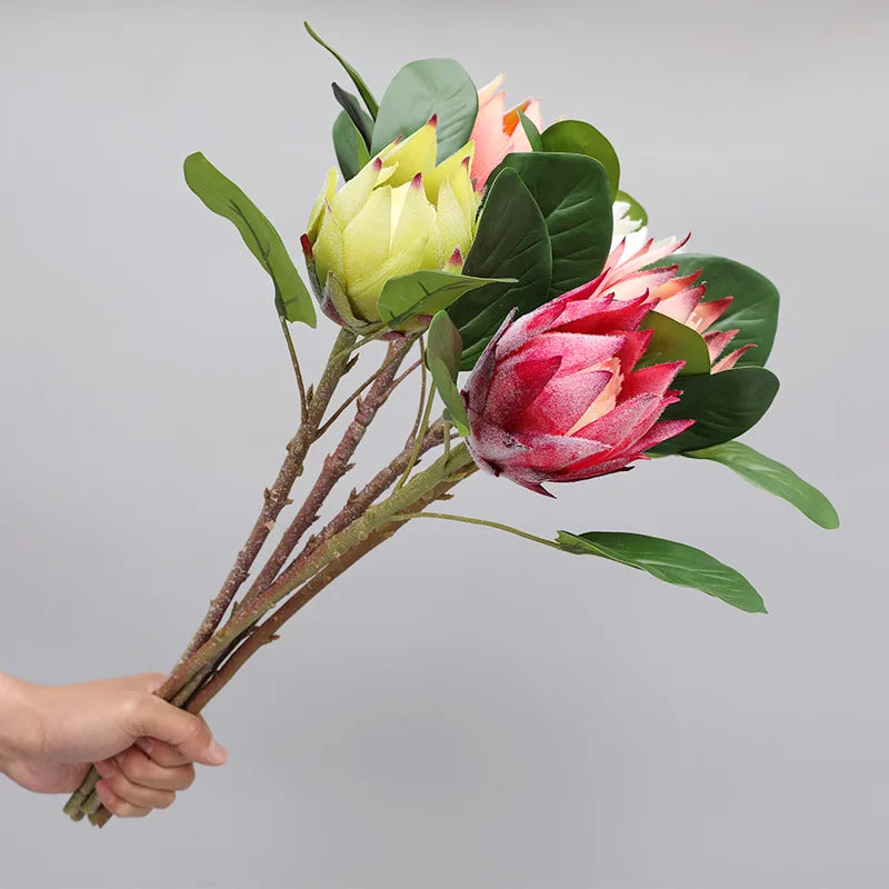 R008 Real Touch Tall Flower Arrangements Flocking Artificial King Protea Bouquet for Wedding Graduation Decor Protea Flower