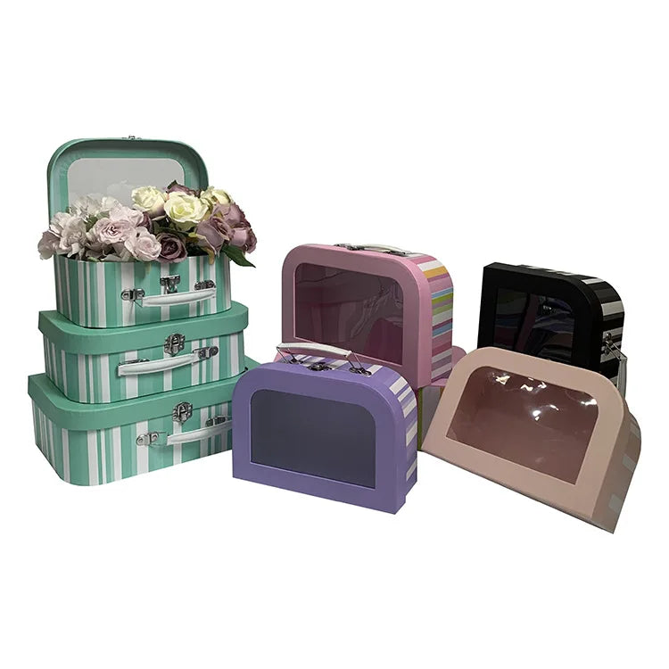 YoYo Three-Piece Set Stripe Fenestration Suitcase Flower Gift Box with Matt Lamination and Embossing for Hand Delivered Gifts