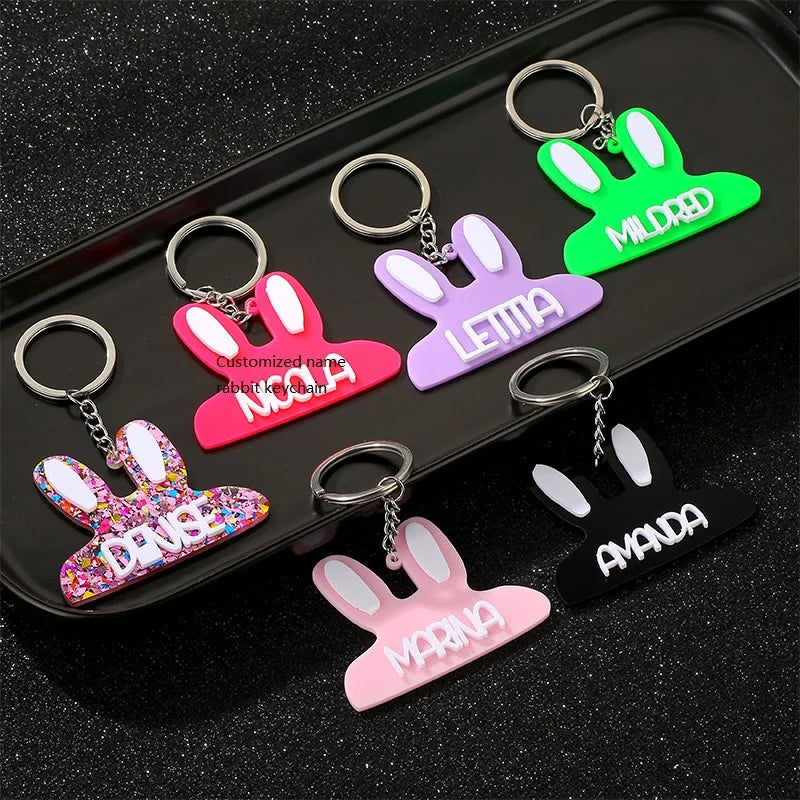 NEWNORTH Stainless Steel Cartoon Rabbit Keychain Colorful Acrylic Personalized Customization Name Easter Bunny Pendant