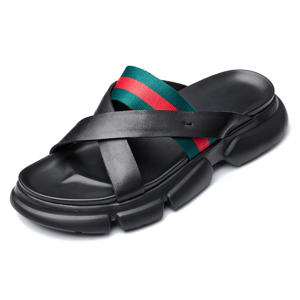 New Slip-Resistant Anti-Odor Trendy Beach Sandals Men's Genuine Leather Thick-Soled Outdoor Casual Flip Flops Cowhide Slippers