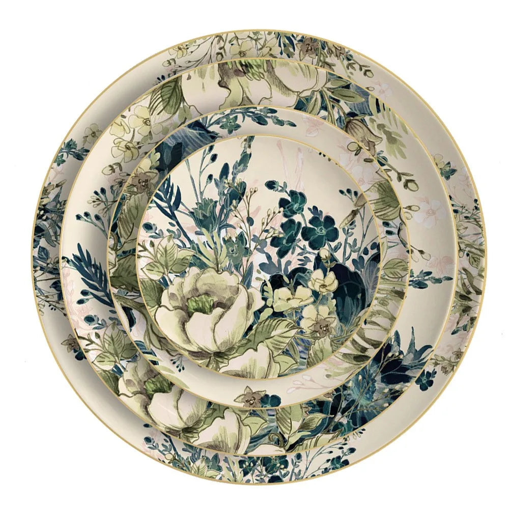 Hot Selling Chinese Creative Retro Flower Pattern Home Restaurant Western Food Pasta Cake Dumpling Ceramic Serving Plate and Mug