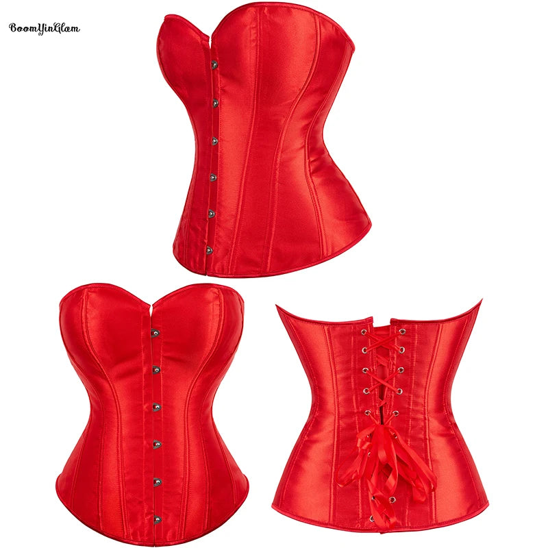 Red Silk Corset Top for Mature Women Front Busk Back Lace Tight Bustier Pleated Boned White Bridal Korsett Wedding Plus Size