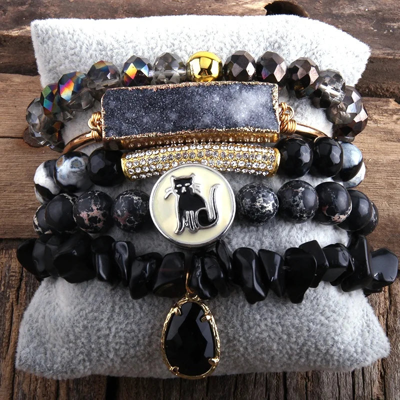Metal Druzy Bangle Epoxy Cat Natural Crushed Stone Black Gemstone Bead Bracelet Stretch Stack Bracelets Sets